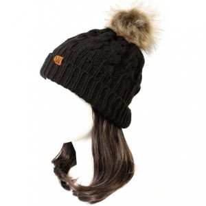 Skullies & Beanies Winter Warm Cable Knit Faux Fur Pom Pom Beanie - Mommy & Me Set Black - CB180G4KG3X $17.34