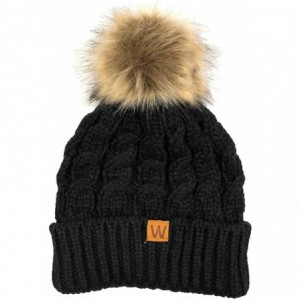 Skullies & Beanies Winter Warm Cable Knit Faux Fur Pom Pom Beanie - Mommy & Me Set Black - CB180G4KG3X $17.34