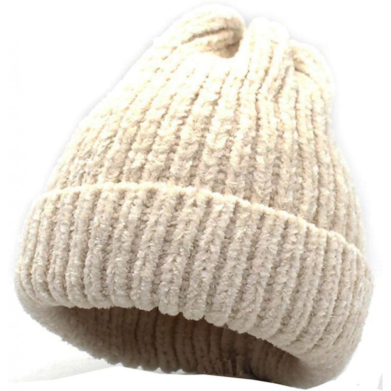 Skullies & Beanies Winter Chenille Chunky Stretchy Warm Ribbed Knit Beanie Hat - Beige - CD18WDO9MW8 $9.37