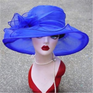 Sun Hats Summer Elegant Women Kentucky Derby Wide Brim for Women Wedding Party Church Occasional Organza Sun Hat - Bule - C51...