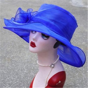 Sun Hats Summer Elegant Women Kentucky Derby Wide Brim for Women Wedding Party Church Occasional Organza Sun Hat - Bule - C51...