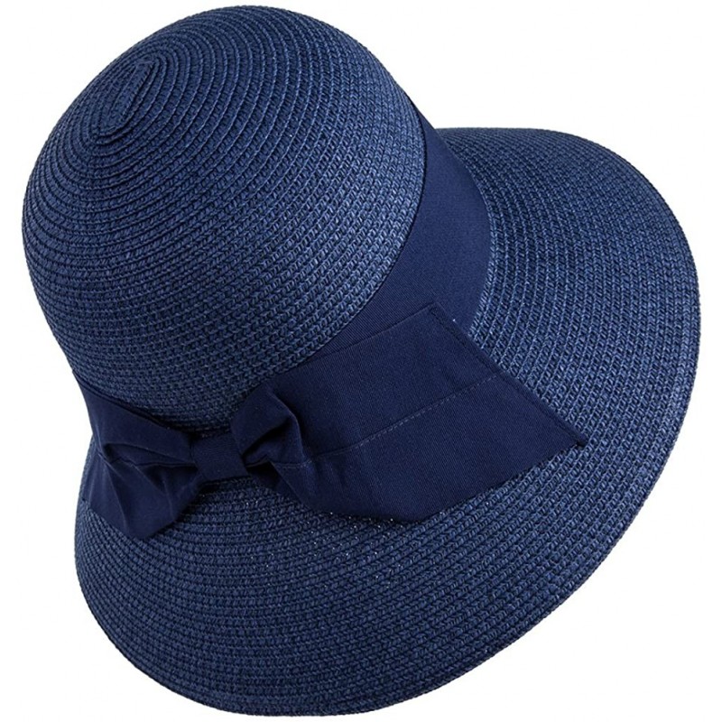 Fedoras Packable Womens Straw Cloche Derby Fedora Summer Wide Brim Sun Hat Floppy Beach 55-60cm - Navy_69087 - CF18CMYYET6 $2...