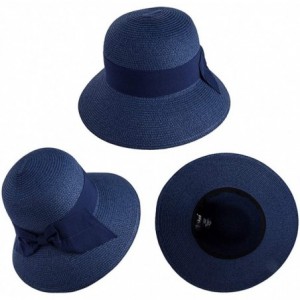 Fedoras Packable Womens Straw Cloche Derby Fedora Summer Wide Brim Sun Hat Floppy Beach 55-60cm - Navy_69087 - CF18CMYYET6 $2...