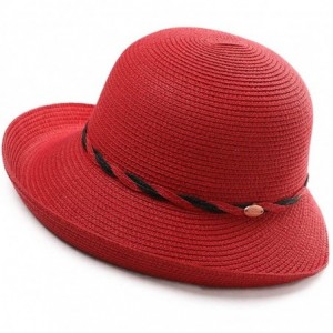 Fedoras Womens Wide Roll Up Brim Packable Straw Sun Cloche Hat Fedora Summer Beach 55-58cm - Red_00011 - CN18QGTHGM9 $18.24