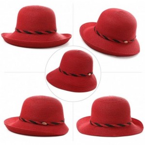 Fedoras Womens Wide Roll Up Brim Packable Straw Sun Cloche Hat Fedora Summer Beach 55-58cm - Red_00011 - CN18QGTHGM9 $18.24