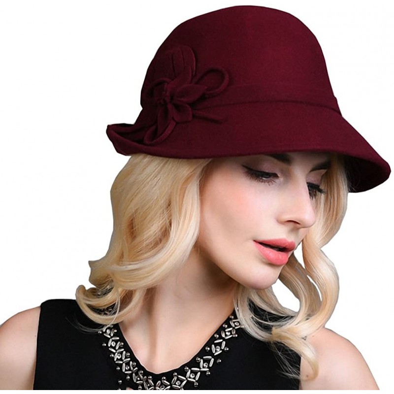 Bucket Hats Women's Decorative Flowers Wool Felt Bucket Hat - Wine Red - CE12MCI9PWD $37.31