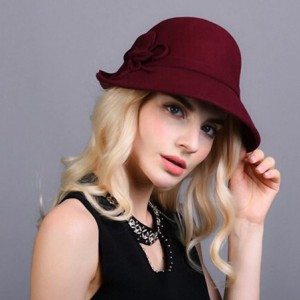 Bucket Hats Women's Decorative Flowers Wool Felt Bucket Hat - Wine Red - CE12MCI9PWD $37.31