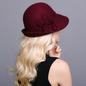 Bucket Hats Women's Decorative Flowers Wool Felt Bucket Hat - Wine Red - CE12MCI9PWD $37.31