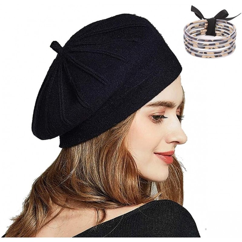 Berets Wool Knit Beret Hat for Women Girls French Style Berets Caps - Black - CU18AUWRO5L $8.21