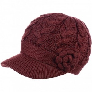 Newsboy Caps Women's Winter Fleece Lined Elegant Flower Cable Knit Newsboy Cabbie Hat - Wine Cable Flower - CW18IIL2ZCS $37.09