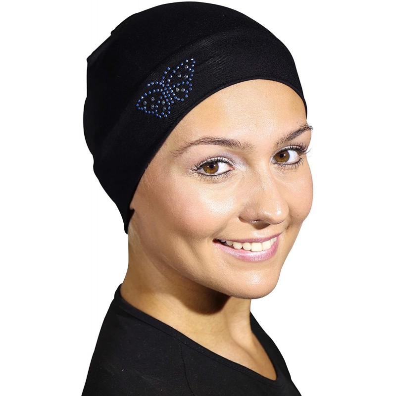 Skullies & Beanies Blue Stud Butterfly Chemo Sleep Cap Beanie - Black - C612MXXP38W $12.79