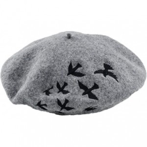 Berets Women's Warm Embroidery Bird Wool Cap Berets Robin Hat - Grey - CF182M0CKYQ $15.07