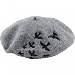 Berets Women's Warm Embroidery Bird Wool Cap Berets Robin Hat - Grey - CF182M0CKYQ $23.86