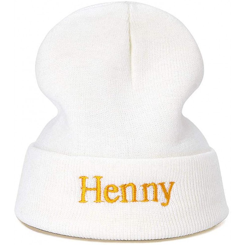Skullies & Beanies Henny Beanie Hat- Skull-Cap - Cuffed Knit Embroidery Winter Warm Slouchy Hats Ski Cap - White - CU18IO5T8D...