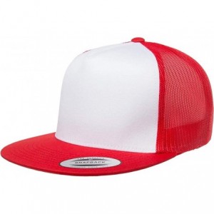 Baseball Caps Yupoong 6006 Flatbill Trucker Mesh Snapback Hat with NoSweat Hat Liner - White Front/Red - CG18O8E27AR $14.80