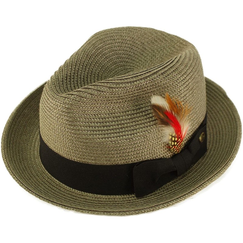 Fedoras Men's Handsome Feather Derby Fedora Tall Crown Upturn Curl Brim Hat - Gray - CV18DKHM0QY $31.36