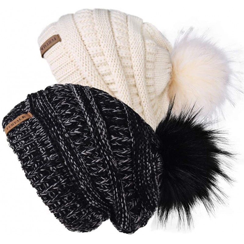 Skullies & Beanies Womens Winter Knit Slouchy Beanie Hat Skull Ski Cap Warm Faux Fur Pom Pom Beanies Hats for Women 2 Packs -...