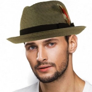 Fedoras Men's Handsome Feather Derby Fedora Tall Crown Upturn Curl Brim Hat - Gray - CV18DKHM0QY $31.36