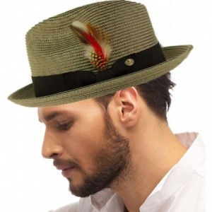 Fedoras Men's Handsome Feather Derby Fedora Tall Crown Upturn Curl Brim Hat - Gray - CV18DKHM0QY $31.36