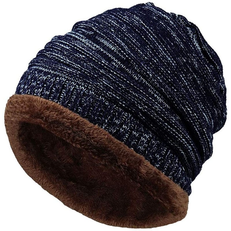 Skullies & Beanies Men Winter Skull Cap Beanie Large Knit Hat with Thick Fleece Lined Daily - O - Navy Blue - CZ18ZGQA3UN $18.48