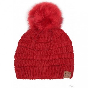 Skullies & Beanies Exclusive Soft Stretch Cable Knit Faux Fur Pom Pom Beanie Hat - Red - CU12MA8Q2DC $11.70