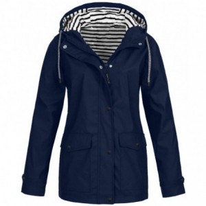 Skullies & Beanies Women's Rain Jacket Plus Size Waterproof with Hood Raincoat Striped Lined Windbreaker Pockets for Travel H...