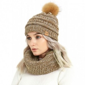 Skullies & Beanies Womens Winter Warm Cable Knit Pom Pom Beanie Hat Cap and Infinity Scarf Set - Sandy Brown/White Mix - CN18...