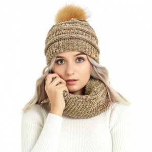 Skullies & Beanies Womens Winter Warm Cable Knit Pom Pom Beanie Hat Cap and Infinity Scarf Set - Sandy Brown/White Mix - CN18...