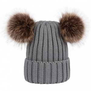 Skullies & Beanies Winter Women's Winter Knit Wool Beanie Hat with Double Faux Fur Pom Pom Ears - Grey - CM186RCLQH2 $13.71