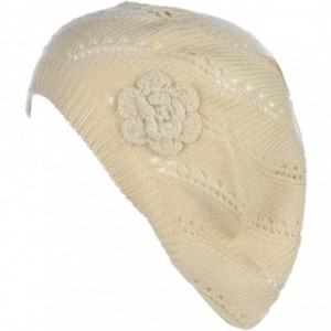 Berets Open Weave Womens Crochet Mesh Beanie Hat Flower Fashion Soft Knit Beret Cap - 2679beige - CW194WSU20D $21.01