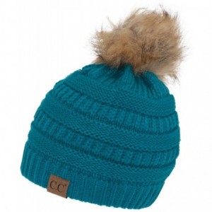 Skullies & Beanies Cable Knit Faux Fur Pom Pom Beanie Hat - Teal - C012NTV6ZNS $13.41