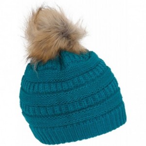 Skullies & Beanies Cable Knit Faux Fur Pom Pom Beanie Hat - Teal - C012NTV6ZNS $13.41