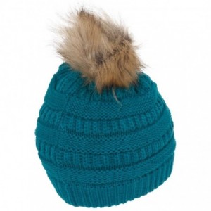 Skullies & Beanies Cable Knit Faux Fur Pom Pom Beanie Hat - Teal - C012NTV6ZNS $13.41