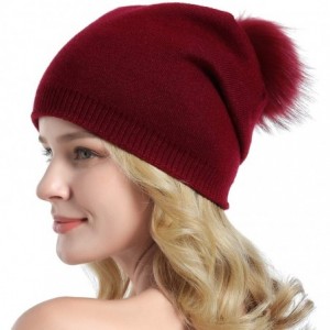 Skullies & Beanies Women Knit Wool Beanie - Winter Solid Cashmere Ski Hats Real Raccoon Fur Pom Pom - 05- Purplish Red - C018...