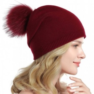 Skullies & Beanies Women Knit Wool Beanie - Winter Solid Cashmere Ski Hats Real Raccoon Fur Pom Pom - 05- Purplish Red - C018...