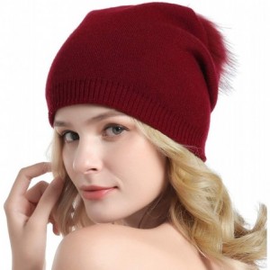 Skullies & Beanies Women Knit Wool Beanie - Winter Solid Cashmere Ski Hats Real Raccoon Fur Pom Pom - 05- Purplish Red - C018...