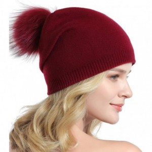 Skullies & Beanies Women Knit Wool Beanie - Winter Solid Cashmere Ski Hats Real Raccoon Fur Pom Pom - 05- Purplish Red - C018...