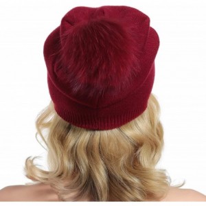 Skullies & Beanies Women Knit Wool Beanie - Winter Solid Cashmere Ski Hats Real Raccoon Fur Pom Pom - 05- Purplish Red - C018...