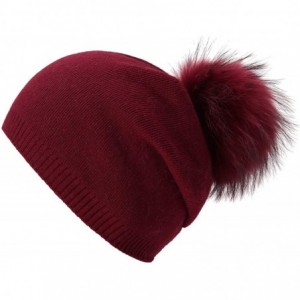 Skullies & Beanies Women Knit Wool Beanie - Winter Solid Cashmere Ski Hats Real Raccoon Fur Pom Pom - 05- Purplish Red - C018...