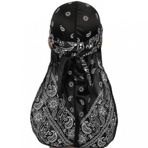 Skullies & Beanies Paisley Pattern Silky Durag Extra Long-Tail and Wide Straps Headwraps Pirate Cap - Black - C018SS26S3O $10.58