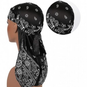 Skullies & Beanies Paisley Pattern Silky Durag Extra Long-Tail and Wide Straps Headwraps Pirate Cap - Black - C018SS26S3O $10.58