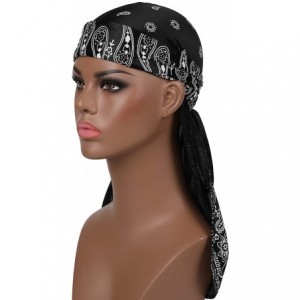 Skullies & Beanies Paisley Pattern Silky Durag Extra Long-Tail and Wide Straps Headwraps Pirate Cap - Black - C018SS26S3O $10.58