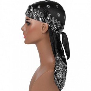 Skullies & Beanies Paisley Pattern Silky Durag Extra Long-Tail and Wide Straps Headwraps Pirate Cap - Black - C018SS26S3O $10.58