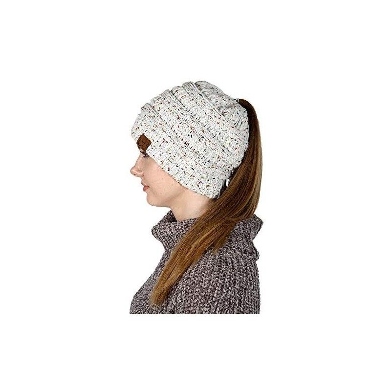 Skullies & Beanies Beanie Ponytail Beanie Messy bun Beanie Soft Warm Cable Winter Chunky Skull Cap - Confetti Ivory - CH189XH...