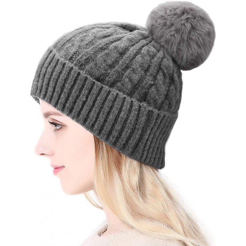 Skullies & Beanies Womens Winter Thick Cable Knit Warm Soft Hats Skull Detachable Pom Pom Cap Cuff Beanie - CX1936WND87 $17.44