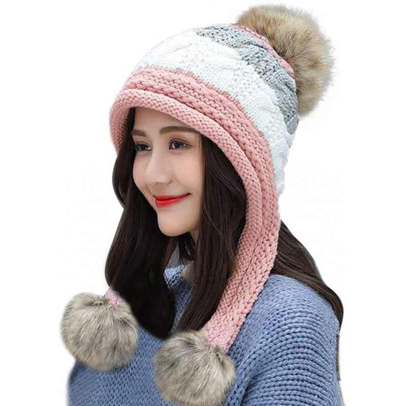 Skullies & Beanies Women Fleece Lined Winter Beanie Hat Ski Cap Ear Flaps Peruvian Dual Layered Pompoms - B11-lut010-fense - ...