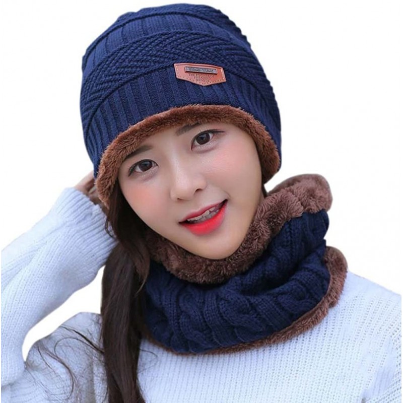 Skullies & Beanies Womens Slouchy Beanie Gloves Set Skull Cap Touch Screen Mittens Winter Hat - Hat+ Scarf (Navy) - C212NU1IS...