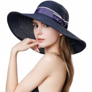 Fedoras Packable Womens Straw Cloche Derby Fedora Summer Wide Brim Sun Hat Floppy Beach 55-60cm - Navy_99056 - CR18CNCH9CY $2...