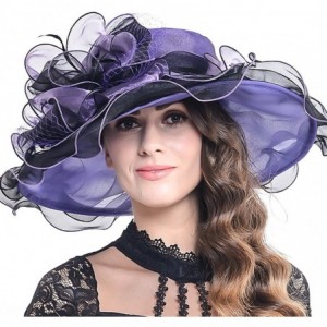 Sun Hats Women Organza Church Kentucky Derby Dress Fascinator Wide Brim Floral Tea Party Wedding Hat - Purple With Black - CY...