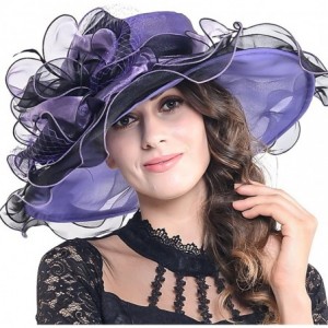 Sun Hats Women Organza Church Kentucky Derby Dress Fascinator Wide Brim Floral Tea Party Wedding Hat - Purple With Black - CY...